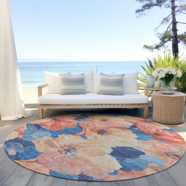 HomeRoots 5' Timeless Floral Charcoal Area Rug - Machine Washable, Durable for Indoor & Outdoor Use, Versatile Peach 8' x 8' 611455