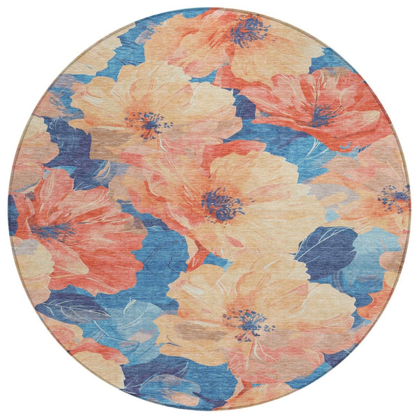 HomeRoots 5' Timeless Floral Charcoal Area Rug - Machine Washable, Durable for Indoor & Outdoor Use, Versatile Peach 8' x 8' 611455