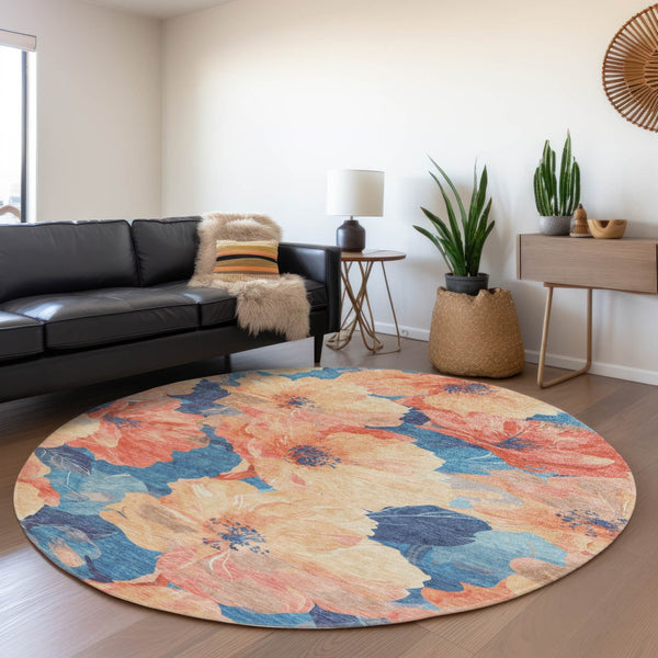 HomeRoots 5' Timeless Floral Charcoal Area Rug - Machine Washable, Durable for Indoor & Outdoor Use, Versatile Peach 8' x 8' 611455