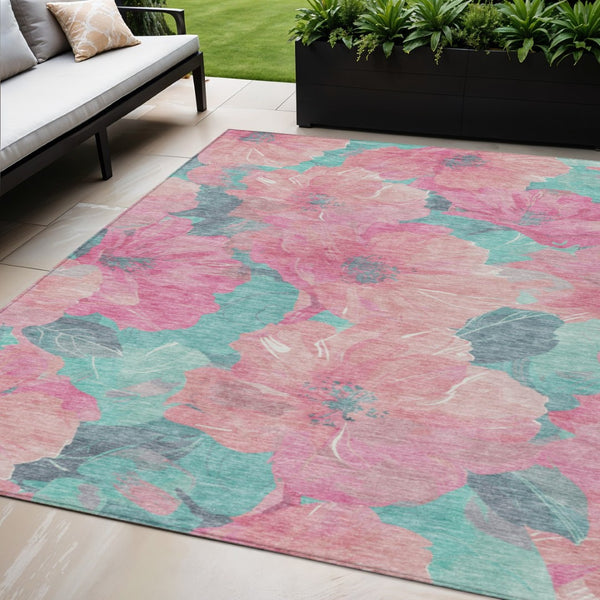 HomeRoots 5' Timeless Floral Charcoal Area Rug - Machine Washable, Durable for Indoor & Outdoor Use, Versatile Pink 5' x 7'6" 611460