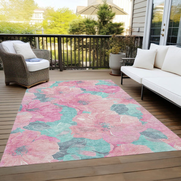 HomeRoots 5' Timeless Floral Charcoal Area Rug - Machine Washable, Durable for Indoor & Outdoor Use, Versatile Pink 5' x 7'6" 611460
