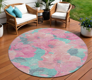 HomeRoots 5' Timeless Floral Charcoal Area Rug - Machine Washable, Durable for Indoor & Outdoor Use, Versatile Pink 8' x 8' 611461