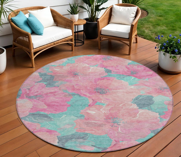 HomeRoots 5' Timeless Floral Charcoal Area Rug - Machine Washable, Durable for Indoor & Outdoor Use, Versatile Pink 8' x 8' 611461