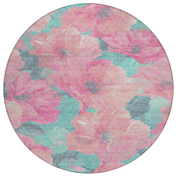 HomeRoots 5' Timeless Floral Charcoal Area Rug - Machine Washable, Durable for Indoor & Outdoor Use, Versatile Pink 8' x 8' 611461