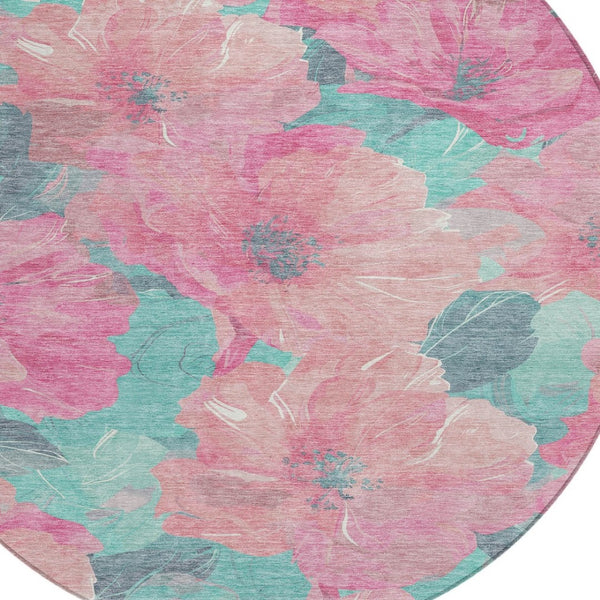 HomeRoots 5' Timeless Floral Charcoal Area Rug - Machine Washable, Durable for Indoor & Outdoor Use, Versatile Pink 8' x 8' 611461