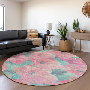 HomeRoots 5' Timeless Floral Charcoal Area Rug - Machine Washable, Durable for Indoor & Outdoor Use, Versatile Pink 8' x 8' 611461
