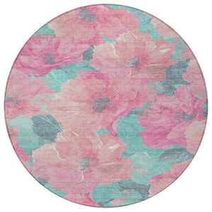 HomeRoots 5' Timeless Floral Charcoal Area Rug - Machine Washable, Durable for Indoor & Outdoor Use, Versatile Pink 8' x 8' 611461