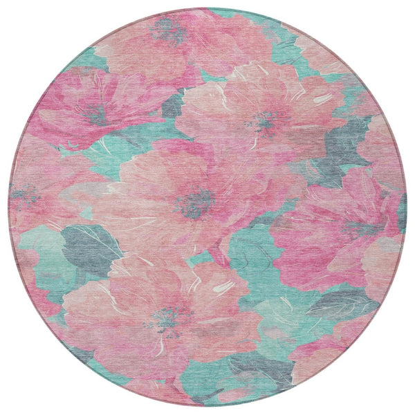 HomeRoots 5' Timeless Floral Charcoal Area Rug - Machine Washable, Durable for Indoor & Outdoor Use, Versatile Pink 8' x 8' 611461