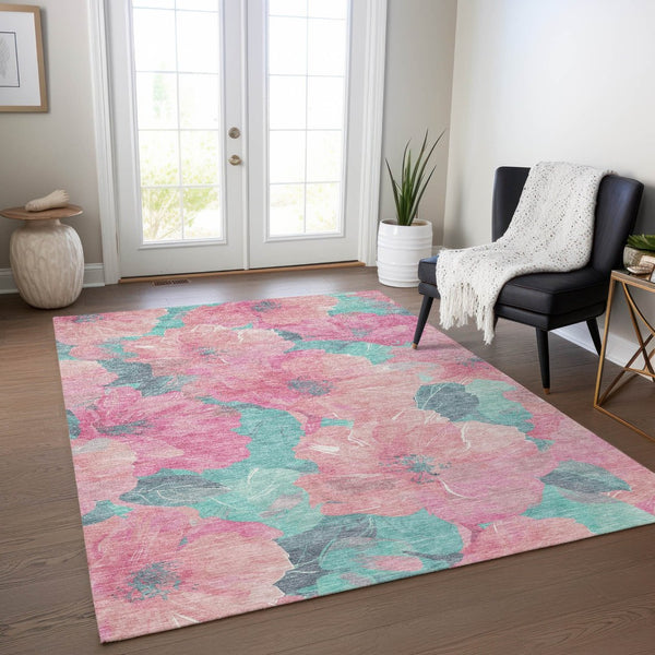 HomeRoots 5' Timeless Floral Charcoal Area Rug - Machine Washable, Durable for Indoor & Outdoor Use, Versatile Pink 8' x 10' 611462
