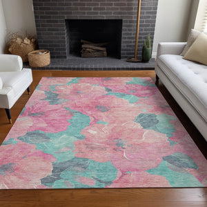 HomeRoots 5' Timeless Floral Charcoal Area Rug - Machine Washable, Durable for Indoor & Outdoor Use, Versatile Pink 9' x 12' 611463
