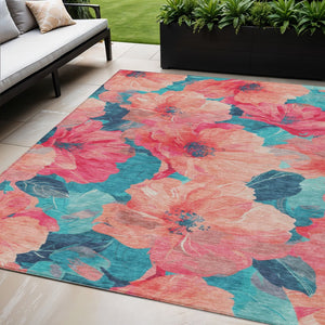 HomeRoots 5' Timeless Floral Charcoal Area Rug - Machine Washable, Durable for Indoor & Outdoor Use, Versatile Salmon 5' x 7'6" 611472