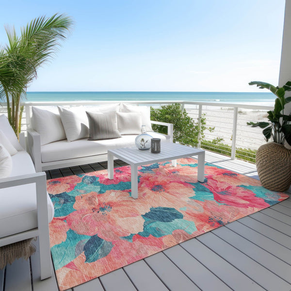 HomeRoots 5' Timeless Floral Charcoal Area Rug - Machine Washable, Durable for Indoor & Outdoor Use, Versatile Salmon 5' x 7'6" 611472