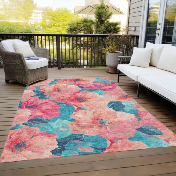 HomeRoots 5' Timeless Floral Charcoal Area Rug - Machine Washable, Durable for Indoor & Outdoor Use, Versatile Salmon 5' x 7'6" 611472