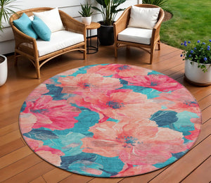 HomeRoots 5' Timeless Floral Charcoal Area Rug - Machine Washable, Durable for Indoor & Outdoor Use, Versatile Salmon 8' x 8' 611473