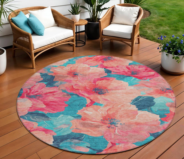 HomeRoots 5' Timeless Floral Charcoal Area Rug - Machine Washable, Durable for Indoor & Outdoor Use, Versatile Salmon 8' x 8' 611473