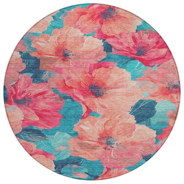 HomeRoots 5' Timeless Floral Charcoal Area Rug - Machine Washable, Durable for Indoor & Outdoor Use, Versatile Salmon 8' x 8' 611473