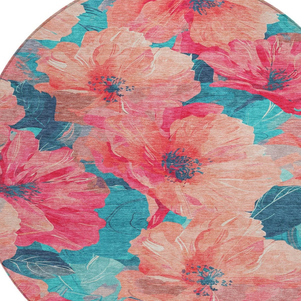 HomeRoots 5' Timeless Floral Charcoal Area Rug - Machine Washable, Durable for Indoor & Outdoor Use, Versatile Salmon 8' x 8' 611473