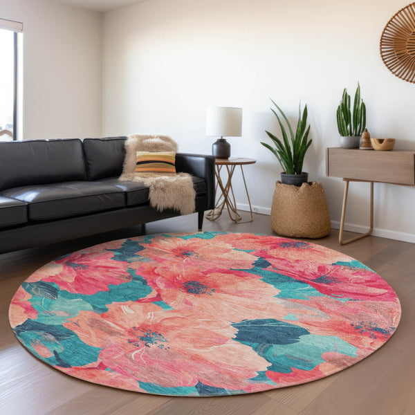 HomeRoots 5' Timeless Floral Charcoal Area Rug - Machine Washable, Durable for Indoor & Outdoor Use, Versatile Salmon 8' x 8' 611473