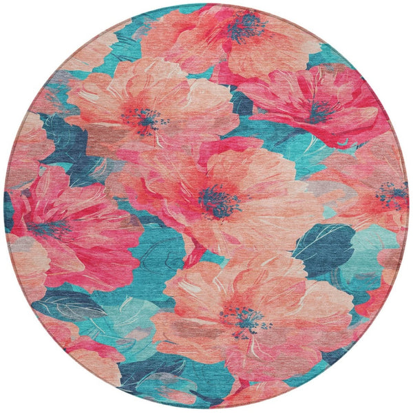 HomeRoots 5' Timeless Floral Charcoal Area Rug - Machine Washable, Durable for Indoor & Outdoor Use, Versatile Salmon 8' x 8' 611473