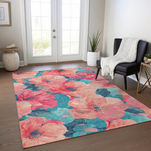 HomeRoots 5' Timeless Floral Charcoal Area Rug - Machine Washable, Durable for Indoor & Outdoor Use, Versatile Salmon 8' x 10' 611474