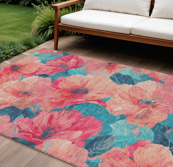 HomeRoots 5' Timeless Floral Charcoal Area Rug - Machine Washable, Durable for Indoor & Outdoor Use, Versatile Salmon 10' x 14' 611476