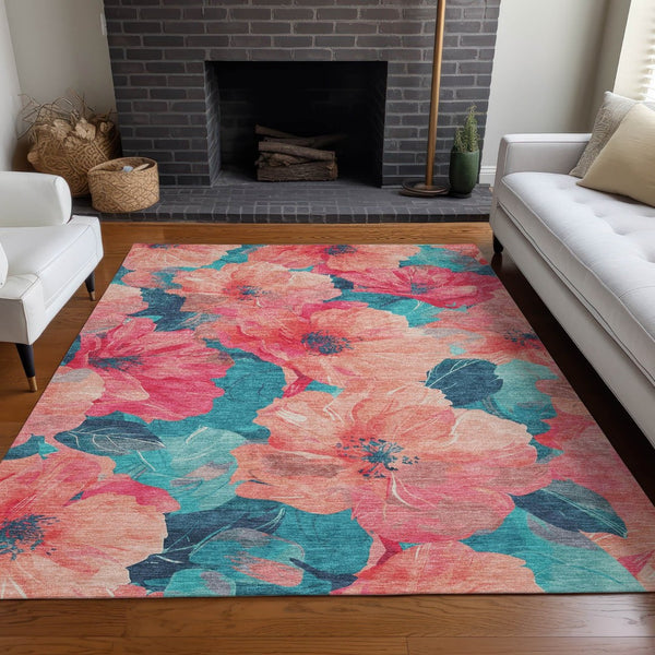 HomeRoots 5' Timeless Floral Charcoal Area Rug - Machine Washable, Durable for Indoor & Outdoor Use, Versatile Salmon 10' x 14' 611476