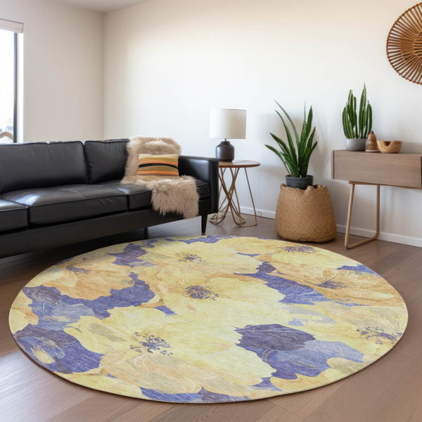 HomeRoots 5' Timeless Floral Charcoal Area Rug - Machine Washable, Durable for Indoor & Outdoor Use, Versatile Wheat 8' x 8' 611479