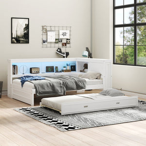 English Elm Full Pine Daybed with Trundle Sliding Storage Shelves Led Lighting and Usb Charging White GX004003AAK