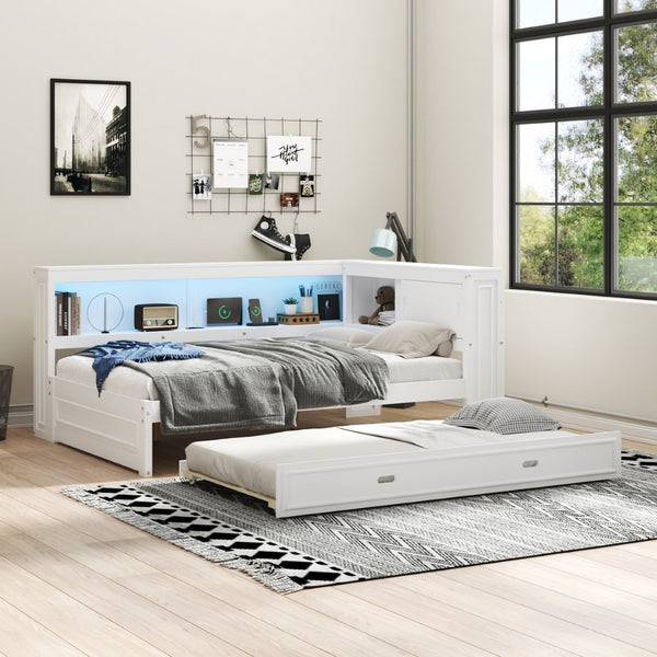 English Elm Full Pine Daybed with Trundle Sliding Storage Shelves Led Lighting and Usb Charging White GX004003AAK