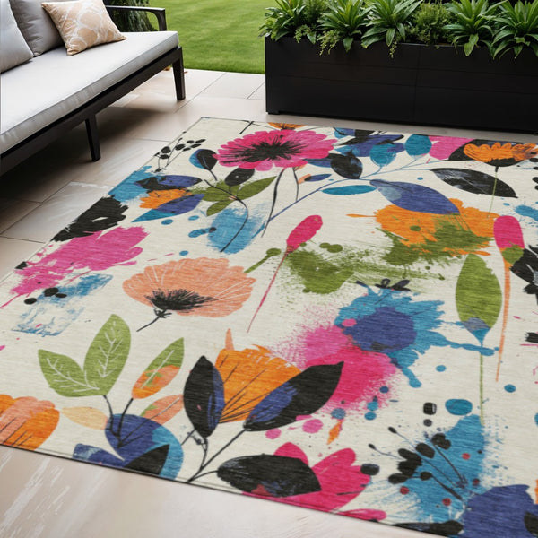 HomeRoots 5' Floral Area Rug in Ivory, Pink, Orange & Blue - Washable for Indoor & Outdoor Durability 5' x 7'6" 611496