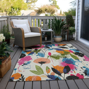 HomeRoots 5' Floral Area Rug in Ivory, Pink, Orange & Blue - Washable for Indoor & Outdoor Durability 5' x 7'6" 611496