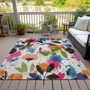 HomeRoots 5' Floral Area Rug in Ivory, Pink, Orange & Blue - Washable for Indoor & Outdoor Durability 5' x 7'6" 611496