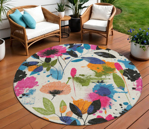 HomeRoots 5' Floral Area Rug in Ivory, Pink, Orange & Blue - Washable for Indoor & Outdoor Durability 8' x 8' 611497