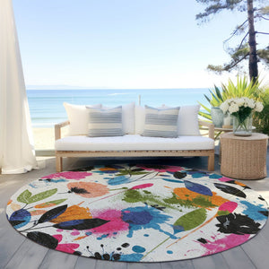HomeRoots 5' Floral Area Rug in Ivory, Pink, Orange & Blue - Washable for Indoor & Outdoor Durability 8' x 8' 611497