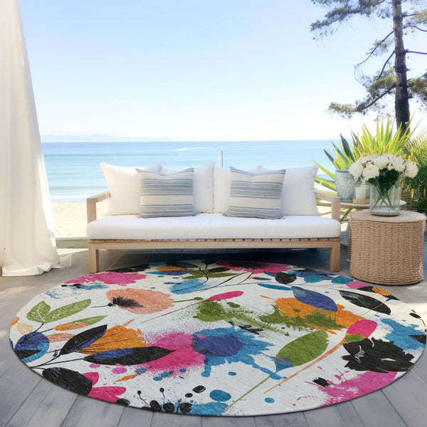 HomeRoots 5' Floral Area Rug in Ivory, Pink, Orange & Blue - Washable for Indoor & Outdoor Durability 8' x 8' 611497