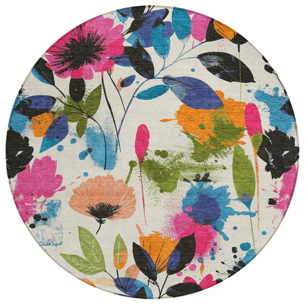 HomeRoots 5' Floral Area Rug in Ivory, Pink, Orange & Blue - Washable for Indoor & Outdoor Durability 8' x 8' 611497