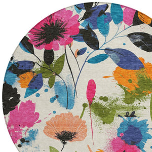 HomeRoots 5' Floral Area Rug in Ivory, Pink, Orange & Blue - Washable for Indoor & Outdoor Durability 8' x 8' 611497