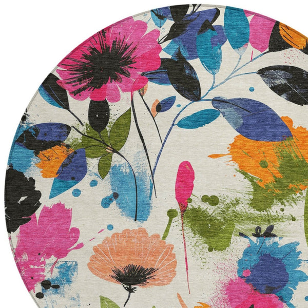 HomeRoots 5' Floral Area Rug in Ivory, Pink, Orange & Blue - Washable for Indoor & Outdoor Durability 8' x 8' 611497