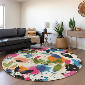 HomeRoots 5' Floral Area Rug in Ivory, Pink, Orange & Blue - Washable for Indoor & Outdoor Durability 8' x 8' 611497