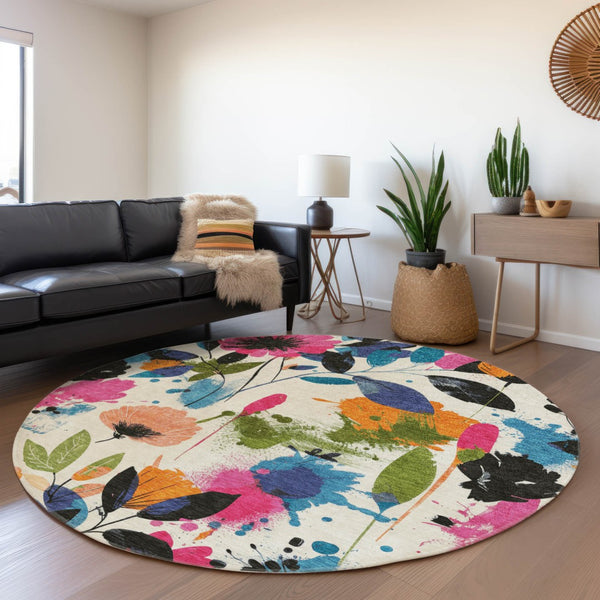 HomeRoots 5' Floral Area Rug in Ivory, Pink, Orange & Blue - Washable for Indoor & Outdoor Durability 8' x 8' 611497
