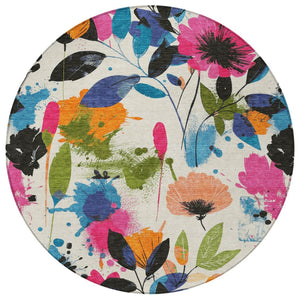 HomeRoots 5' Floral Area Rug in Ivory, Pink, Orange & Blue - Washable for Indoor & Outdoor Durability 8' x 8' 611497