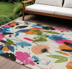 HomeRoots 5' Floral Area Rug in Ivory, Pink, Orange & Blue - Washable for Indoor & Outdoor Durability 8' x 10' 611498