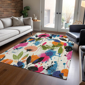 HomeRoots 5' Floral Area Rug in Ivory, Pink, Orange & Blue - Washable for Indoor & Outdoor Durability 8' x 10' 611498