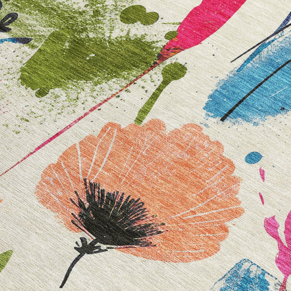 HomeRoots 5' Floral Area Rug in Ivory, Pink, Orange & Blue - Washable for Indoor & Outdoor Durability 9' x 12' 611499