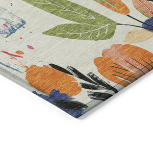 HomeRoots 5' Floral Area Rug in Ivory, Pink, Orange & Blue - Washable for Indoor & Outdoor Durability 9' x 12' 611499