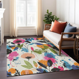 HomeRoots 5' Floral Area Rug in Ivory, Pink, Orange & Blue - Washable for Indoor & Outdoor Durability 9' x 12' 611499