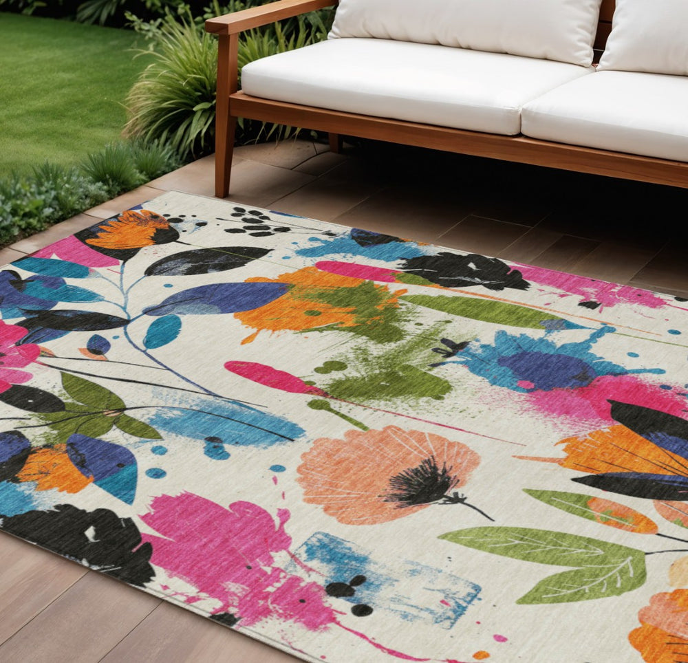 HomeRoots 5' Floral Area Rug in Ivory, Pink, Orange & Blue - Washable for Indoor & Outdoor Durability 10' x 14' 611500