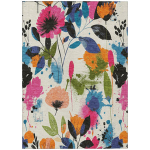 HomeRoots 5' Floral Area Rug in Ivory, Pink, Orange & Blue - Washable for Indoor & Outdoor Durability 10' x 14' 611500