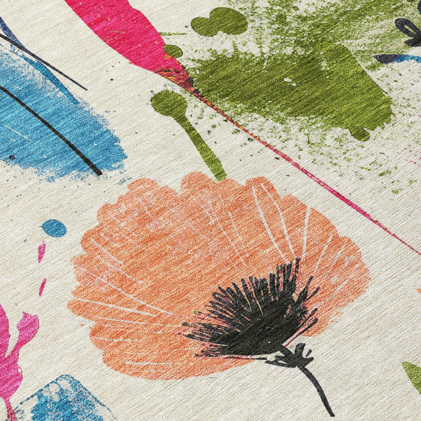 HomeRoots 5' Floral Area Rug in Ivory, Pink, Orange & Blue - Washable for Indoor & Outdoor Durability 10' x 14' 611500