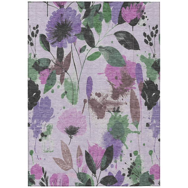 HomeRoots 5' Elegant Floral Washable Area Rug in Lavender & Artichoke Green for Indoor & Outdoor Spaces 5' x 7'6" 611502
